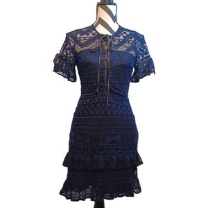Parker Sz S Whimsigoth Dark Coquette Tiered Lace Ruffle Mini Dress